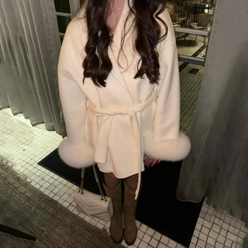 Fox Fur Woolen Coats Women's Short Coat Office Lady Removable Elegant Double-sided Wool Overcoat 2025 New Cardigan Jacket