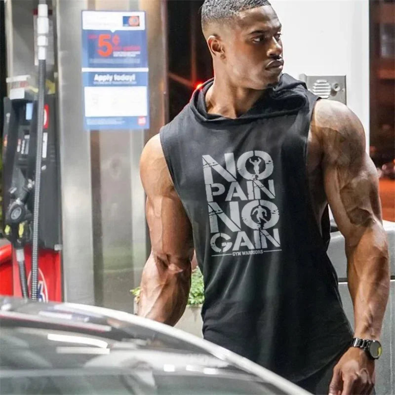 Men’s Fitness Workout Sportswear Tops Bodybuilding Hooded Tank Top Cotton Printed Sleeveless T-shirts Casual Hip Hop Undershirt