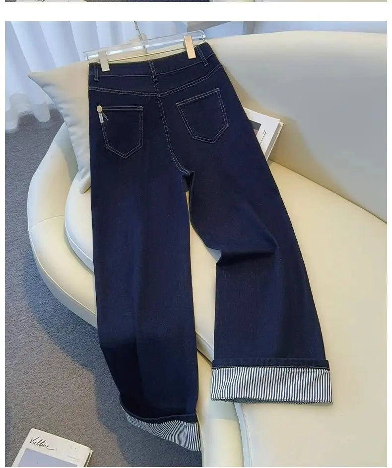 Women's Denim Jeans - Straight Leg with Striped Cuff Detail Classic Five-Pocket Design