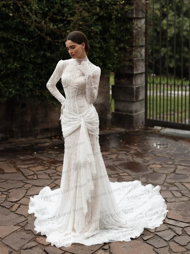 Elegant Mermaid Wedding Dresses Lace Long Sleeves Bridal Gown High Collar Exquisite Corset Party Dress robe de mariée Customized