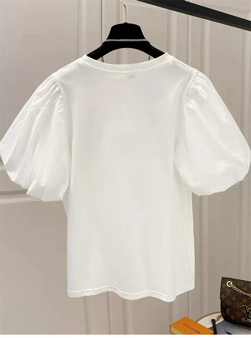 Mujer Cotton Tshirts for Women Summer T-shirts Puff Sleeve O-neck Tees Oversized Tops Fashion Sweet White Tees