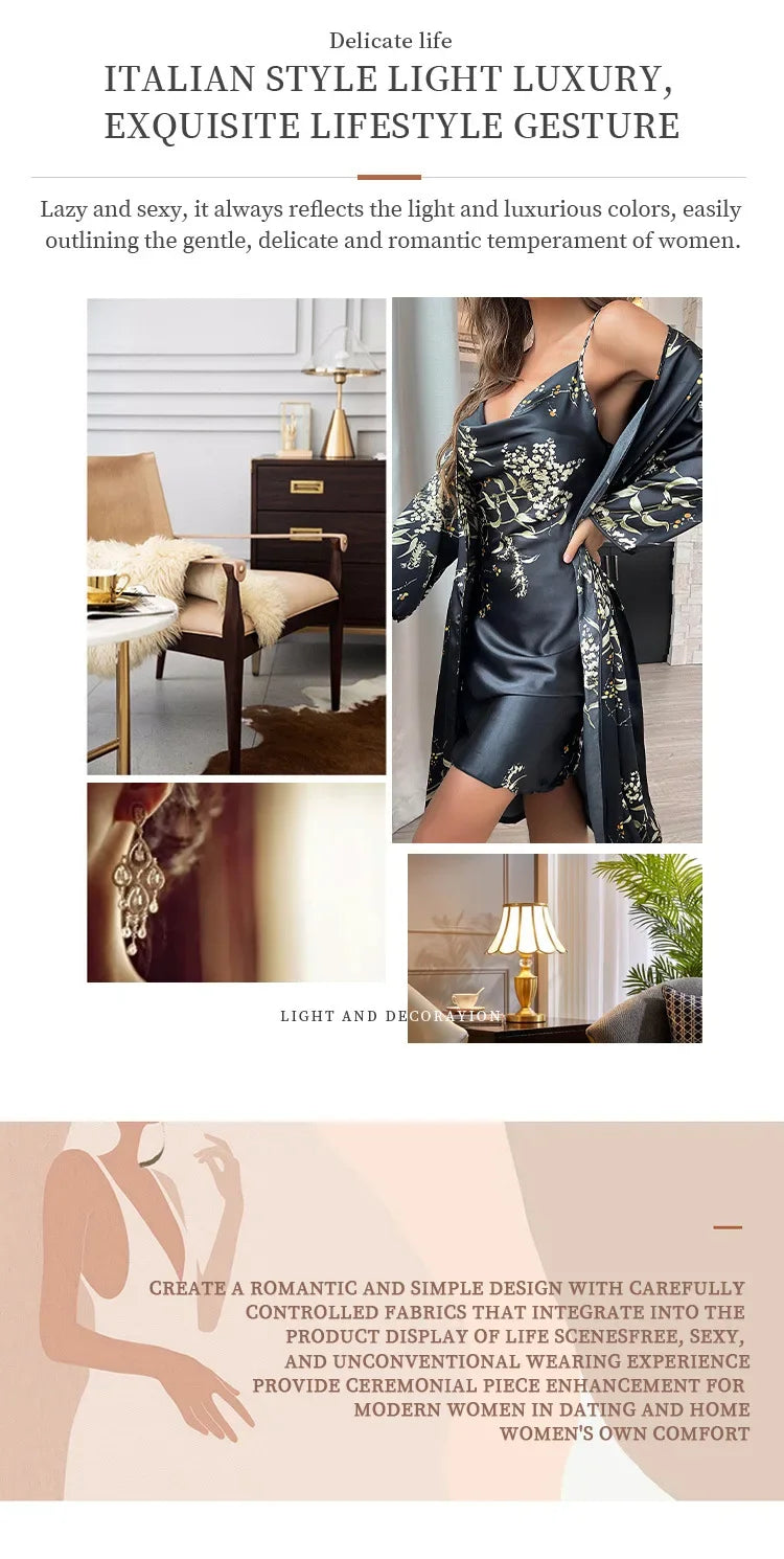 2-pcs Women's Nightgown Women's Pajamas Satin Dress Sexy Slip Dress Women's Silk Robe Satin Woman Nightie Home Suit for Women