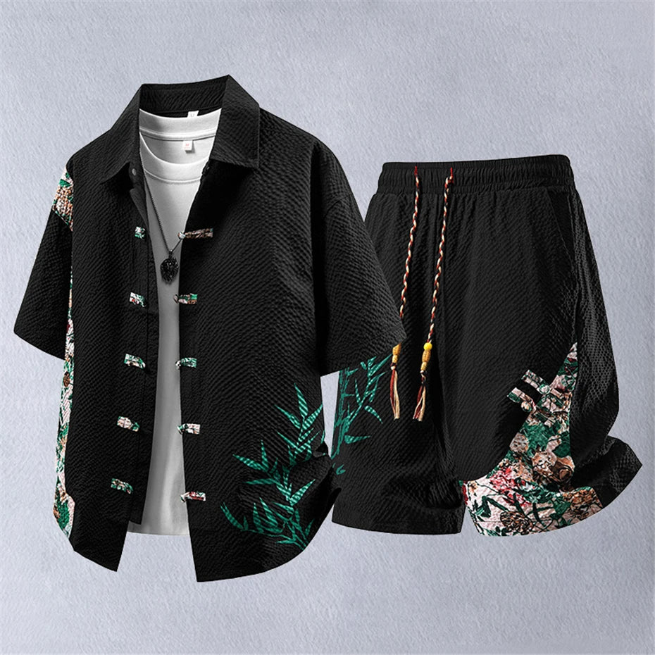 Summer Tracksuits Men Traditional Chinese Style Suit Shirt Shorts Tang Suit Male Fashion Casual Summer Sets