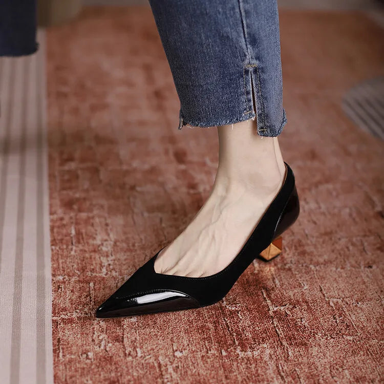 Middle Heel High Heels Women 2026 Spring Autumn Korean Fashion Splicing Pointed Shallow Shaped Heel Thick Pimps Shoes for Women