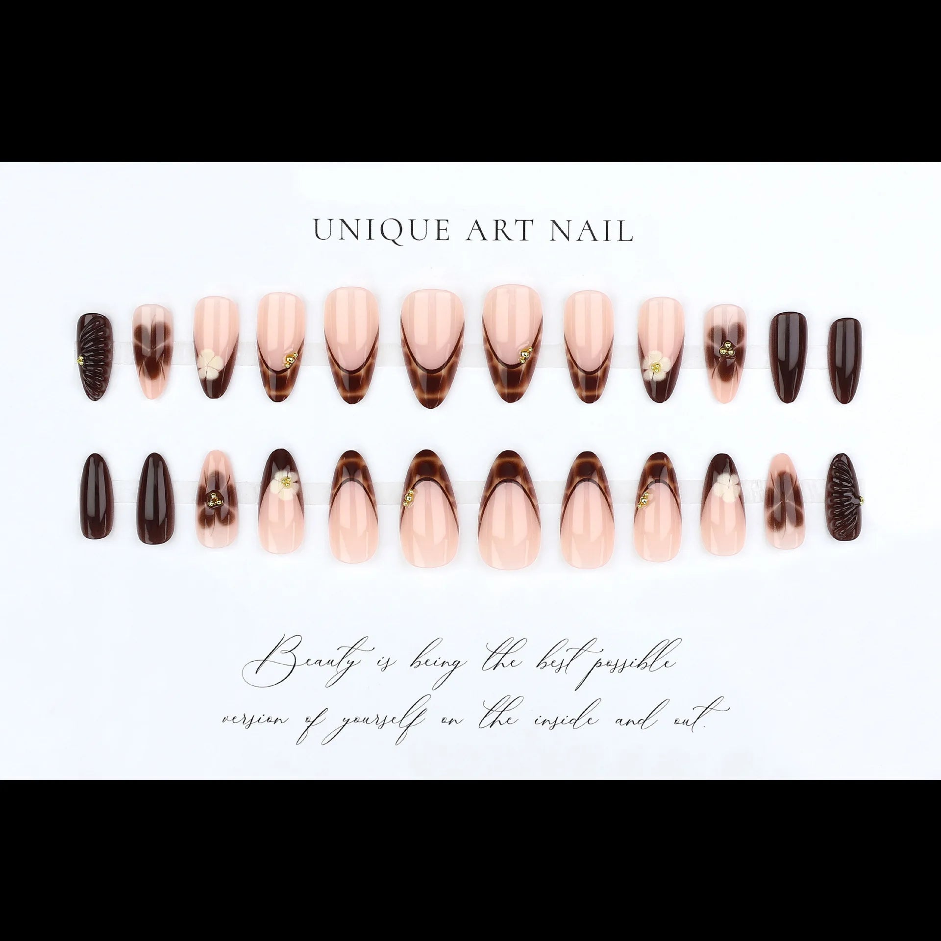 Medium fake nails for women Gradient nude brown blue flowers or rhinestones fall winter almond tips press on false nail art set