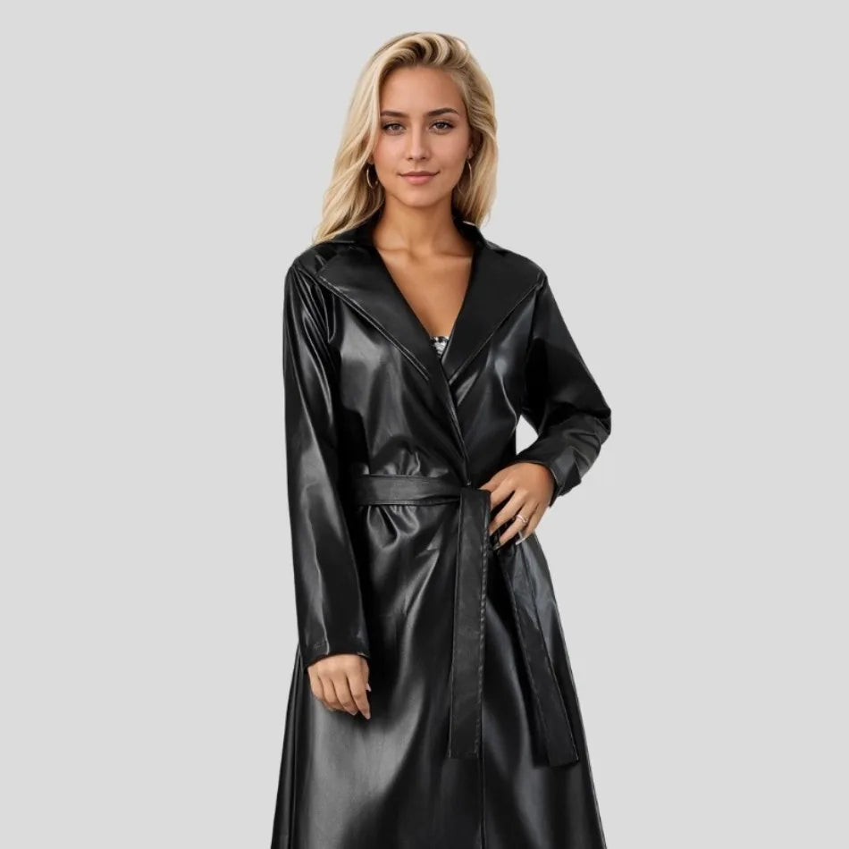 Fashion Turn Down Collar Pu Coat Work Street Wear Tight Waist Jacket Outerwear Women Mid Length Coats Faux Leather Jackets