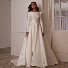 Modern Arabian Wedding Dress for Woman Customized Boat Neck Long Sleeves Sweep Train Open Back A Line Bride Bridal Gown