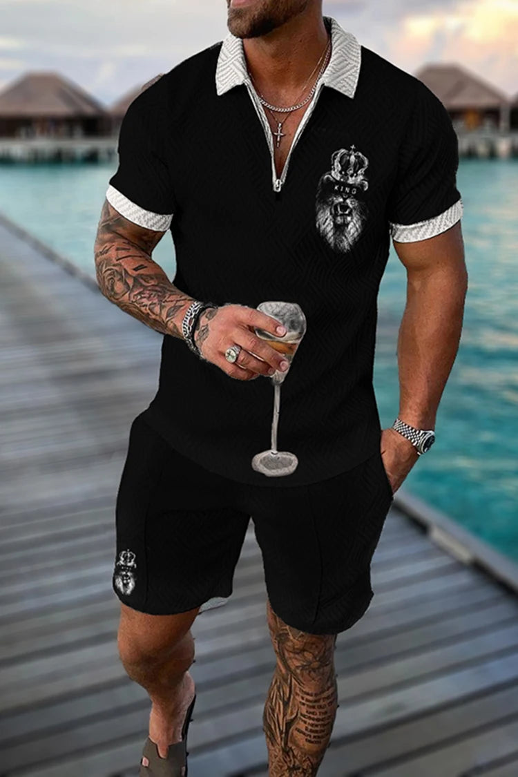 Summer Men's Tracksuit Short Sleeve Polo Shirt Set Fashion Luxury Chain Print Clothing 2 Pieces Casual Suit Streetwear Outfit