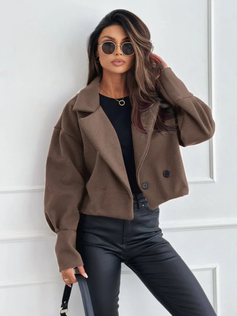 Women's Double Breasted Short Wool Coat Casual Lapel Collar Cropped Jacket For Autumn Winter Daily Wear