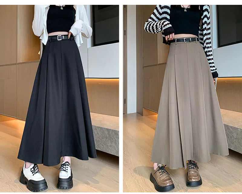 Elegant Skirts for Women Korean Style Long Skirt Female Black Pleated Midi Skirt Women's Clothing Office Lady Skirts Outfits New
