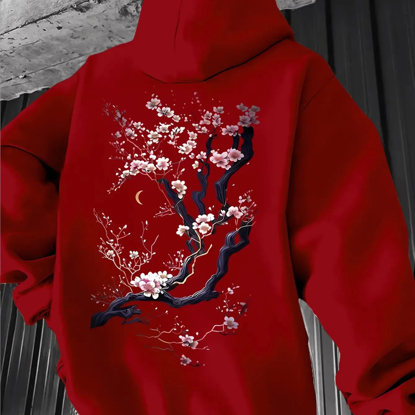 Men'S Hoodie Designed with Retro Ink Wash Style Cherry Blossom Branches Reflecting Eastern Aesthetics Made from Knit Fabric