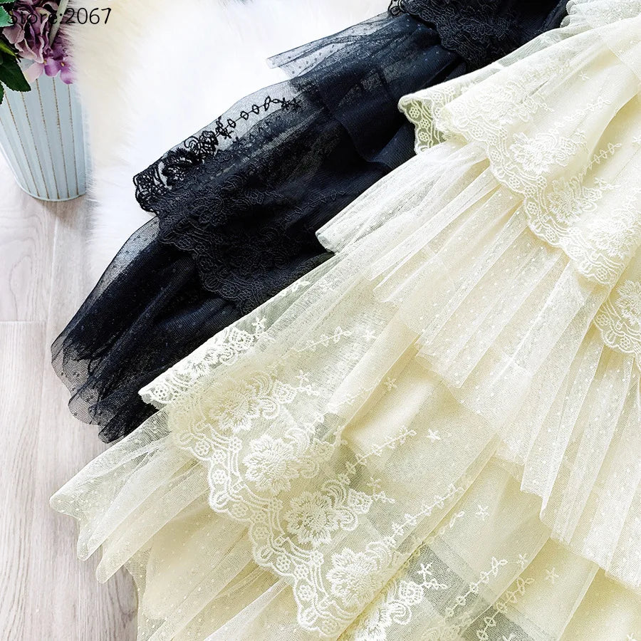 Women Skirts Cake-Style Skirt Spring Summer Fashion Lace Skirts Ladies High-Waisted Slimming Long Lace Skirt Elegant Tulle Skirt
