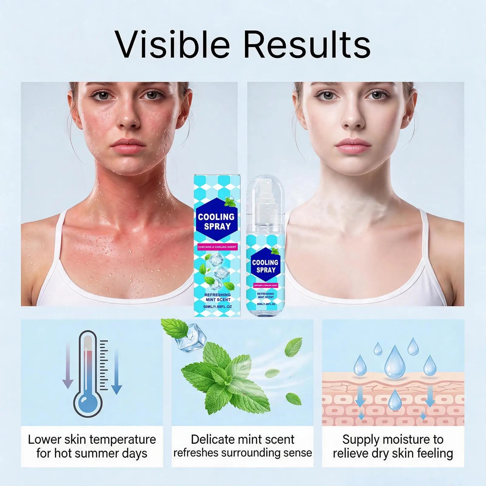 Cooling Spray for Body 50ml Summer Face Refreshing Mist Mint Scent Instant Cooling Spray for Adults Outdoor Activities Workout
