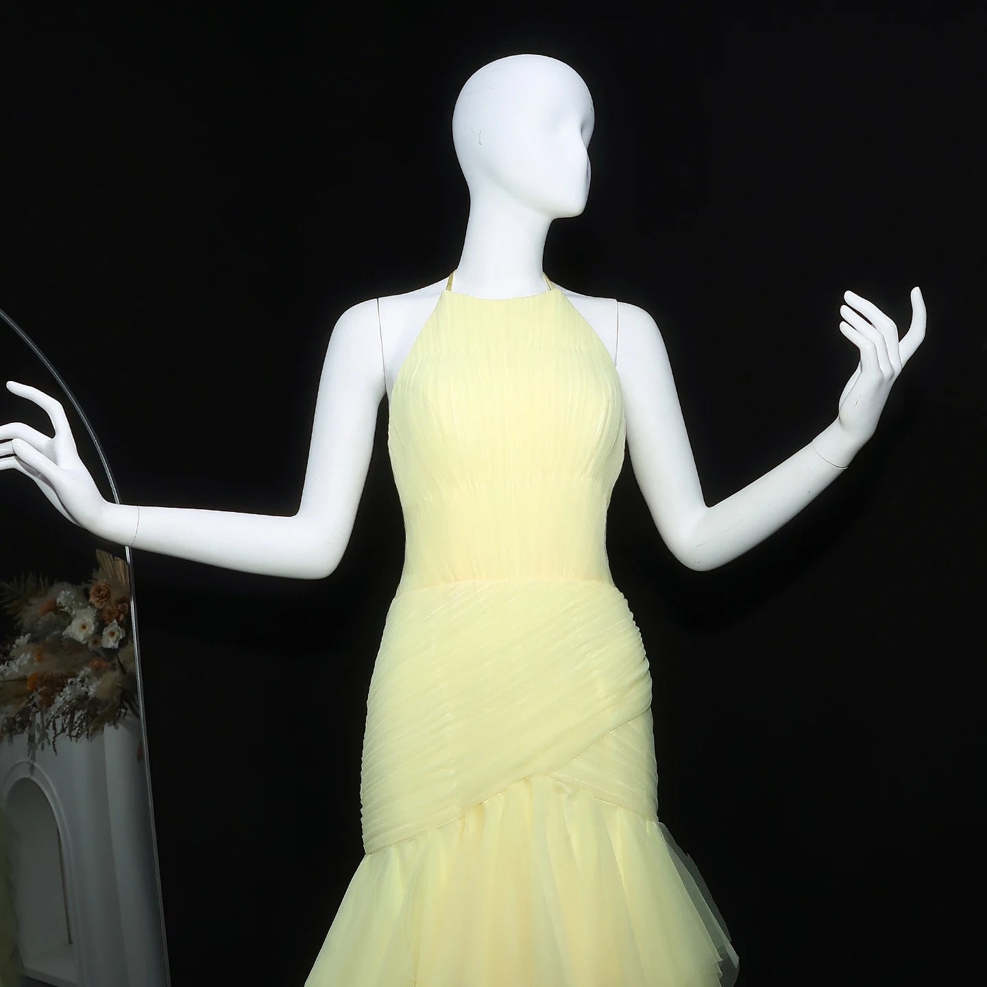 Yellow Halter Satin Evening Gown
