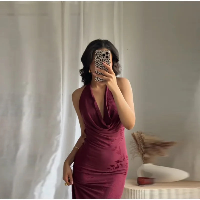 Vintage Deep V Sleeveless Evening Dress