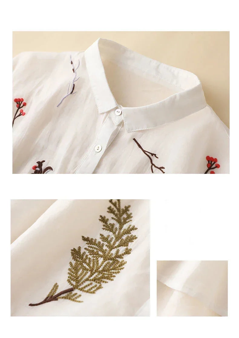 Embroidered Cotton Linen Casual Shirt