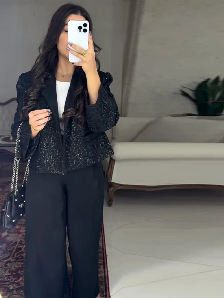 Elegant Cropped Sequin Blazer Jacket