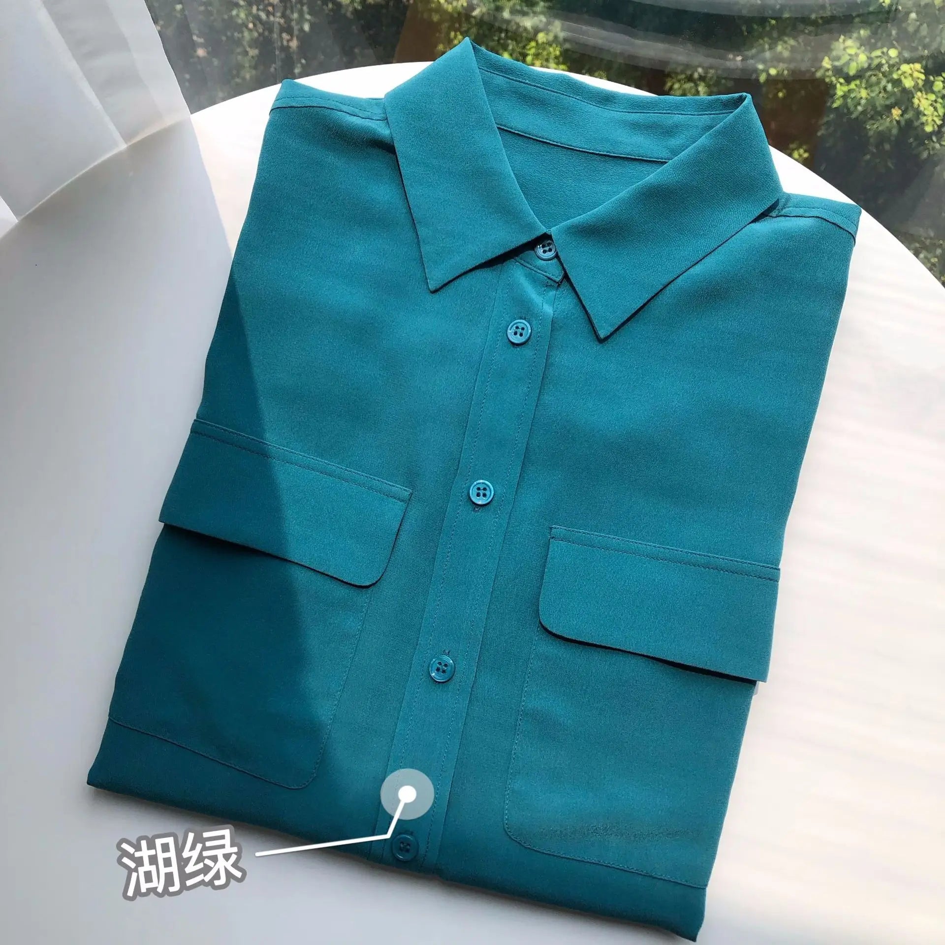 Women Real Silk Shirts Classic Double Pockets Solid Color Casual Fashion Long Sleeve Thin Shirt Blouses Tees