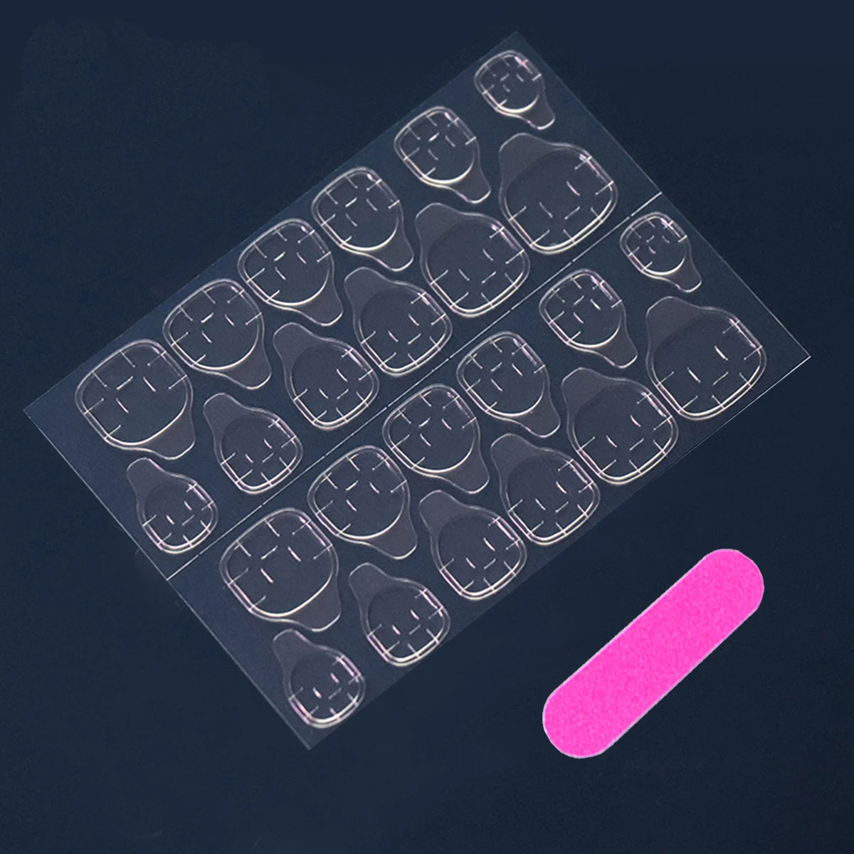 24 square-shaped false nails, 1 jelly glue sticker + 1 nail file