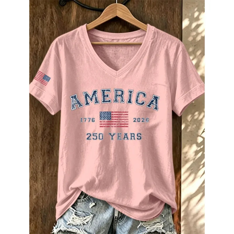 Women's America 250 Years Print T-Shirts Summer Short Sleeve Casual T Shirt Tops White Tees Hot Sale Men's and Women's T Shirt