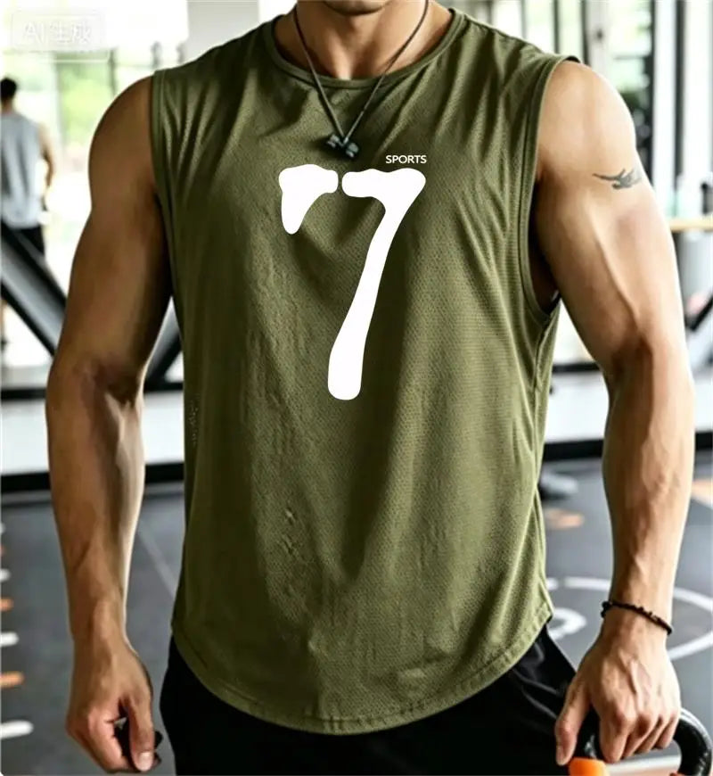 SPORTS 7 New Men Tank Tops Sleeveless Shirt Polyester Mesh Material Quick Dry Breathable Men Workout Fitness Basketball Top Tee