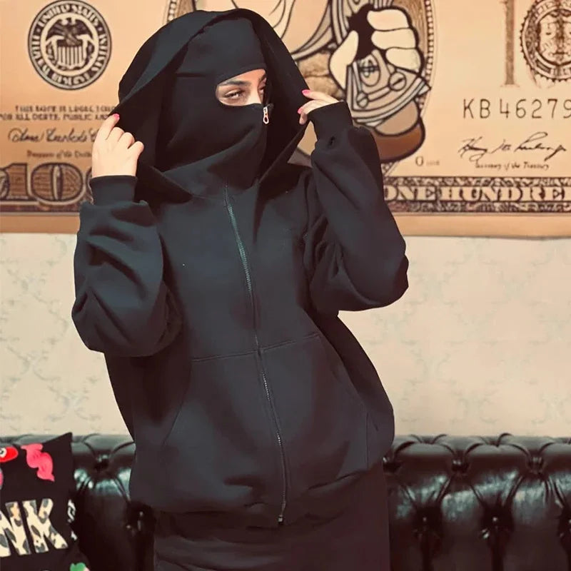 Unisex Hoodie Coat Warm Loose Balaclava Jacket Outdoor Sports Casual Jacket with Face Mask Street Wear