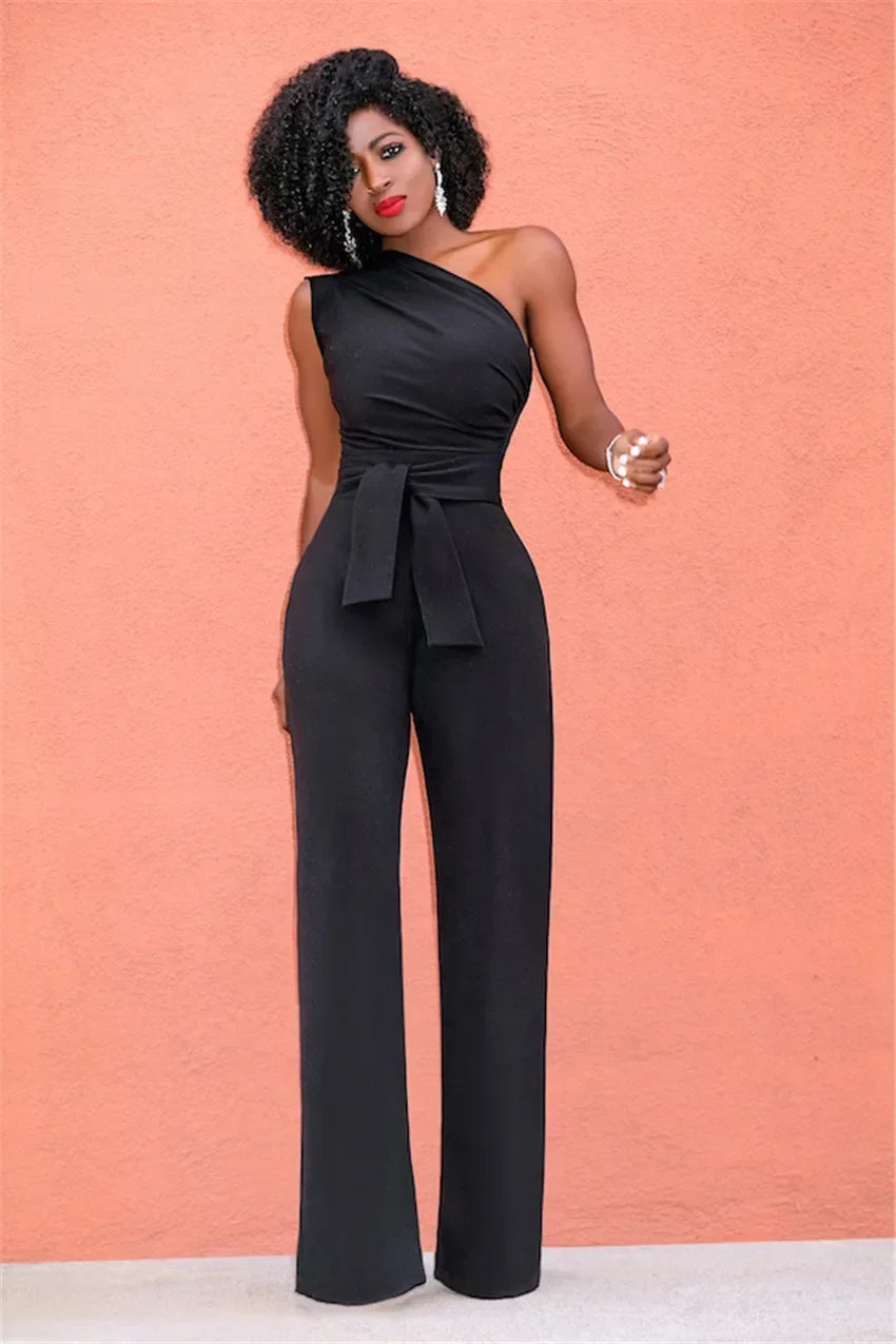 Elegant Skew Collar Belted Jumpsuit