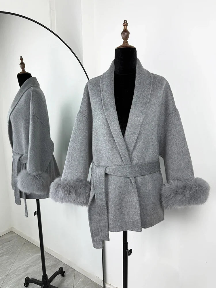 Fox Fur Woolen Coats Women's Short Coat Office Lady Removable Elegant Double-sided Wool Overcoat 2025 New Cardigan Jacket
