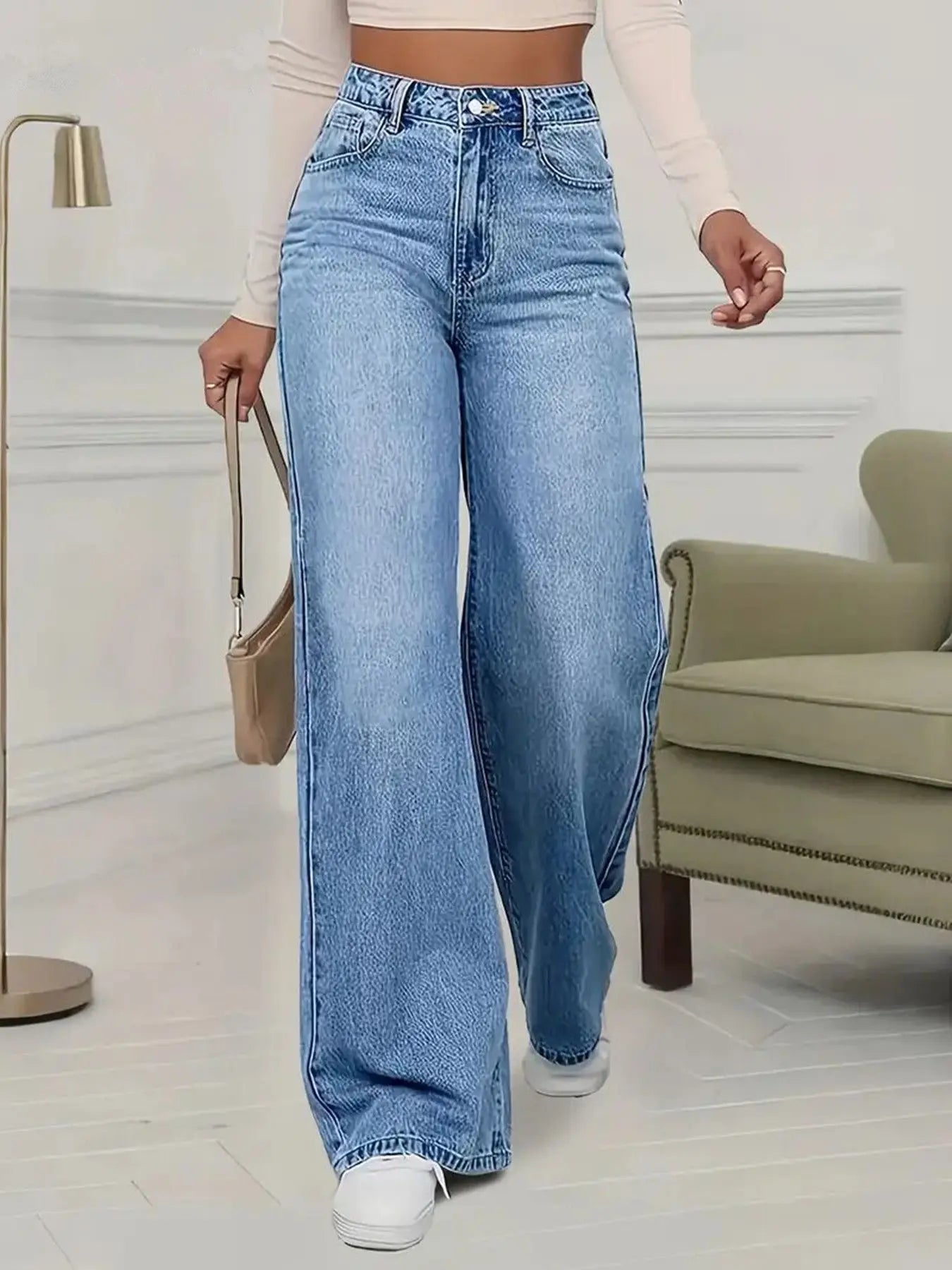 Spring and Autumn New Sky Blue Jeans for Women, Water Washed, Loose, Casual, Wide Legs, Comfortable, Vintage Pants
