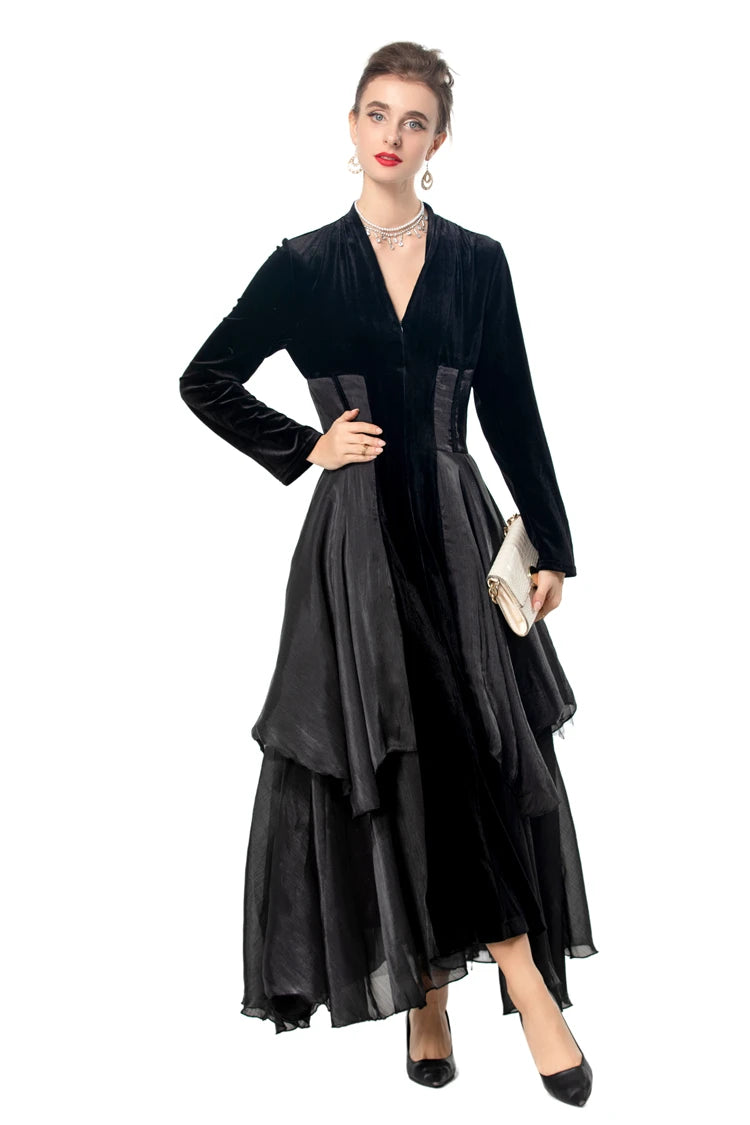 Velvet Ruffle V-Neck Evening Dress
