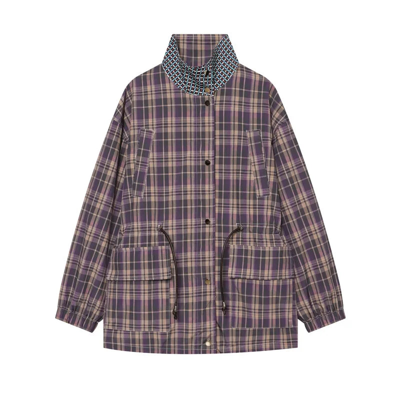 Women's Coat 2026 New Autumn Gray Plaid Long Sleeve Loose Drawstring Decorative Coat Casual Fashion Personal Ladies Outerwear