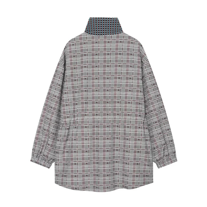 Women's Coat 2026 New Autumn Gray Plaid Long Sleeve Loose Drawstring Decorative Coat Casual Fashion Personal Ladies Outerwear