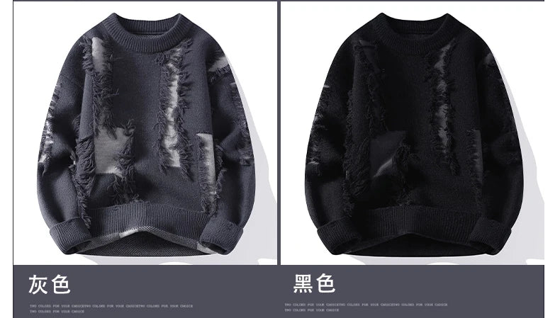 2026 Winter Fashion worn‑out design Sweater Men Casual Knit Pullovers Mens Thick Warm Loose Knitted Sweaters Streetwear Man