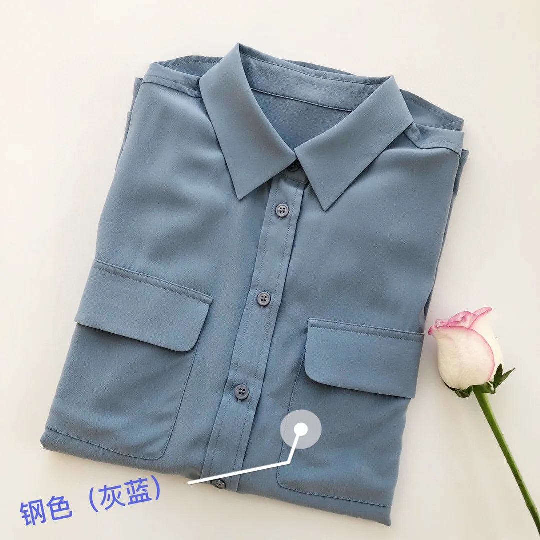 Women Real Silk Shirts Classic Double Pockets Solid Color Casual Fashion Long Sleeve Thin Shirt Blouses Tees