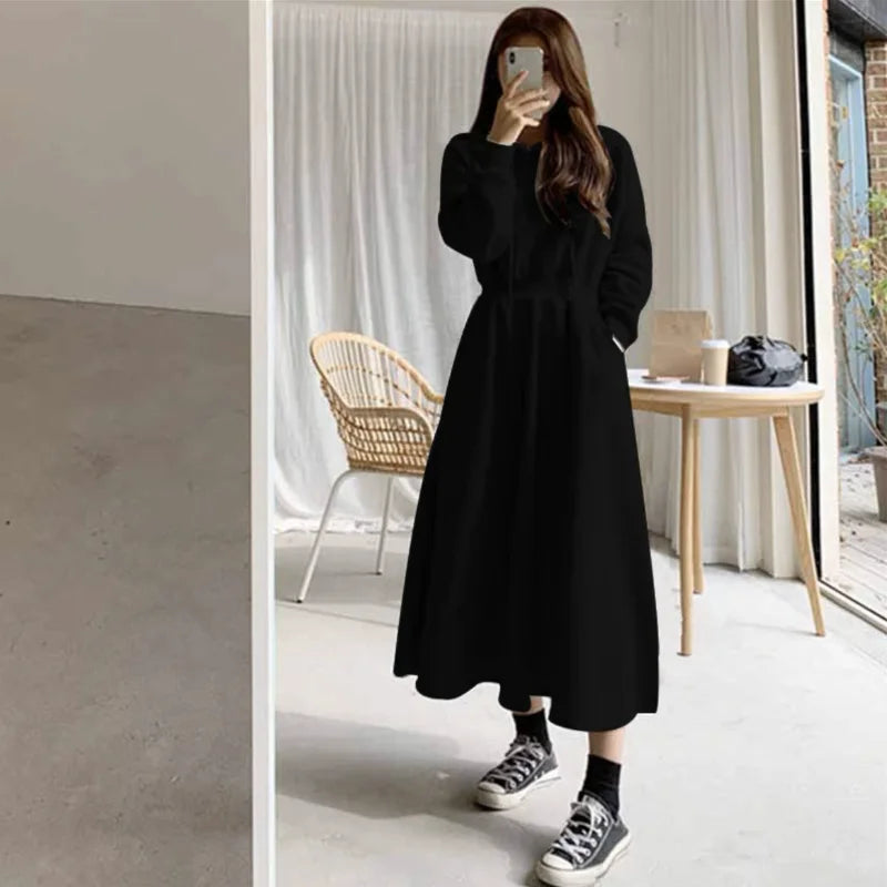 Hooded Mid-Calf Sweatshirt Dress for Autumn Winter