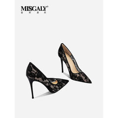 Black Lace High Heels for Women, 2026 New Slim Heel Pointed Sexy Versatile French Spring and Summer Breathable Single Shoes