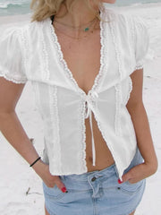 Tie-Front Lace V-Neck Top