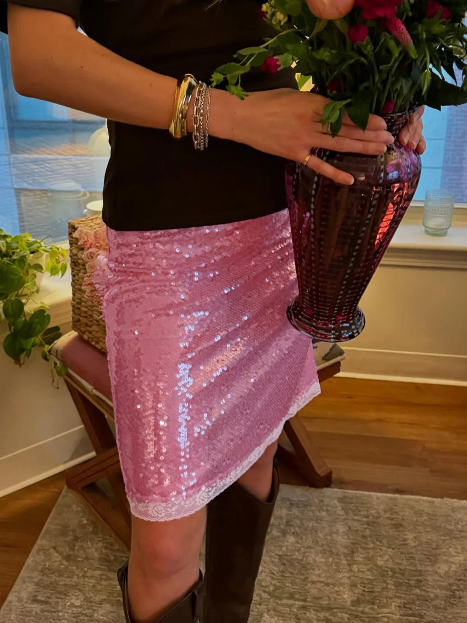 Women's Fashion Midi Skirts Sequins Lace Trim Low Waist Skirts Summer Fashion Bodycon Skirts