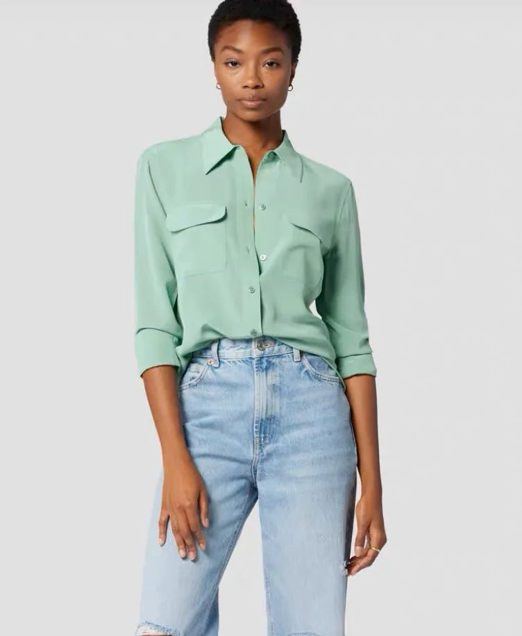 Women Real Silk Shirts Classic Double Pockets Solid Color Casual Fashion Long Sleeve Thin Shirt Blouses Tees