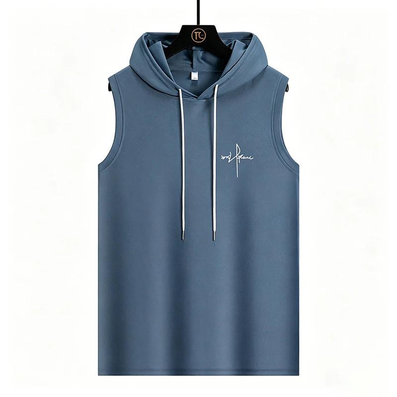 Summer Men‘s Workout Tee Running Training Hooded Sleeveless Gym Fitness Top Fashionable Loose Quick Drying Sports Tank Top