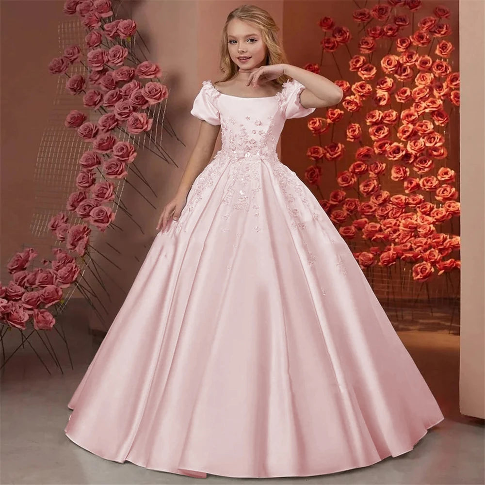 Elegant Flower Girl Dresses for Wedding Satin Beaded Floral Floor Length Girl Kids Birthday Party First Holy Communion Gown