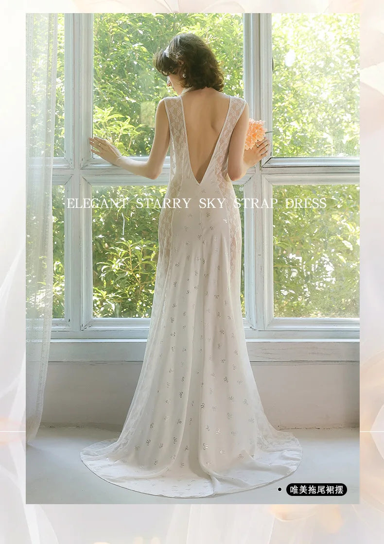 Women's Nightgown Luxury V Neck Sleeveless Night Dress Fashion Slim White Princess Long Dress Summer Ladies Sleepwear Vestido