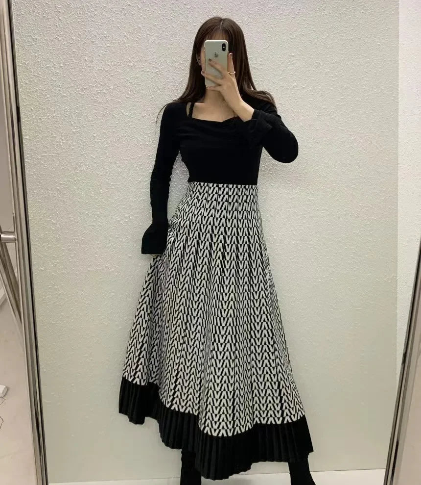 Retro Knitted Pleated Midi Skirt