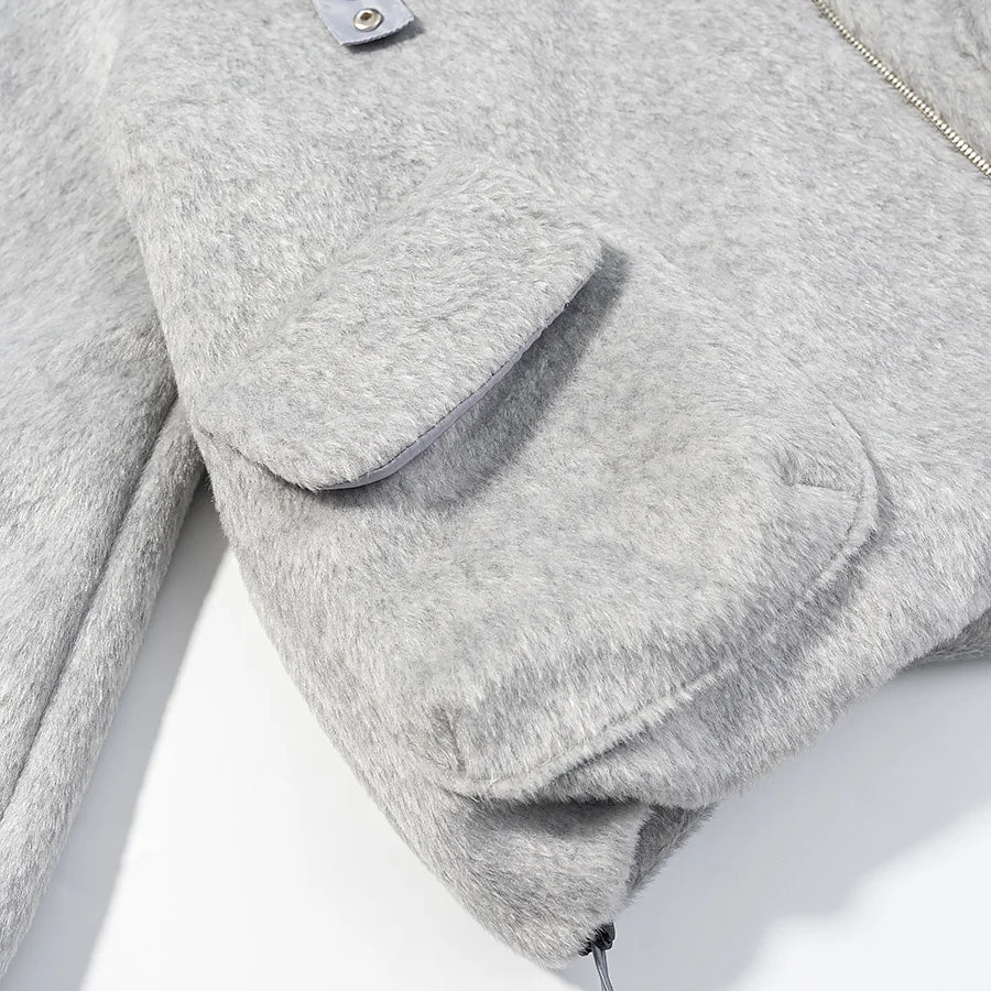 HH Women Fashion Coats Gray Turn-Down Collar Long Sleeves Pockets Decoration Zipper Winter Short Coat Woman Casual Loose Jackets