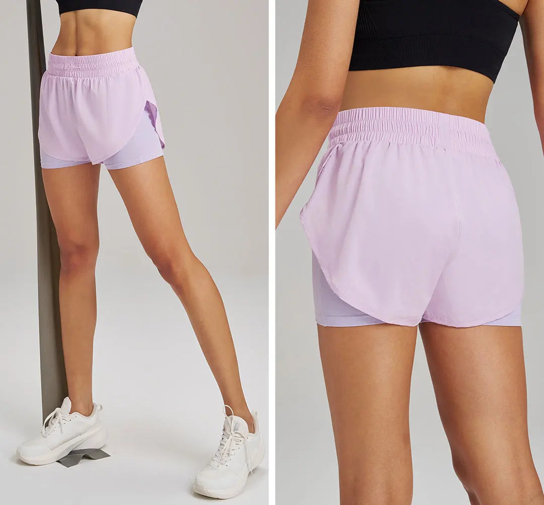 Yoga Shorts Sports Fitness Shorts High Waist Running Fake Two Pieces Anti-Shine Shorts Women's Double Layer Training Leggings