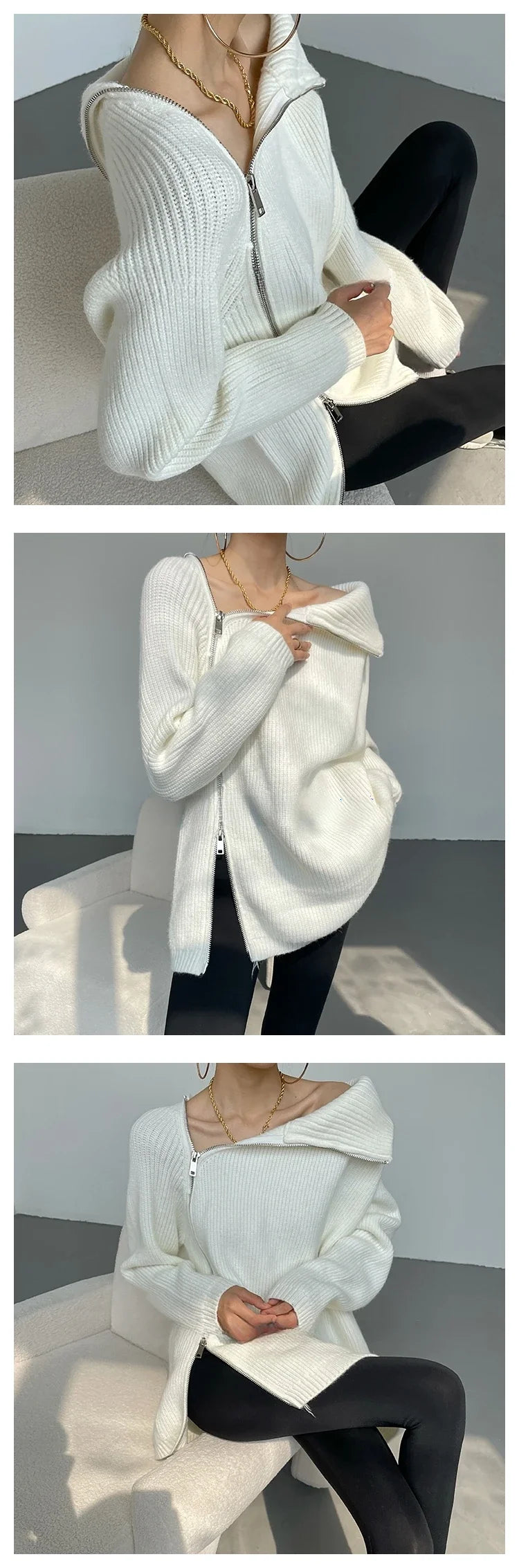 Oversized Zip Turtleneck Knit Sweater