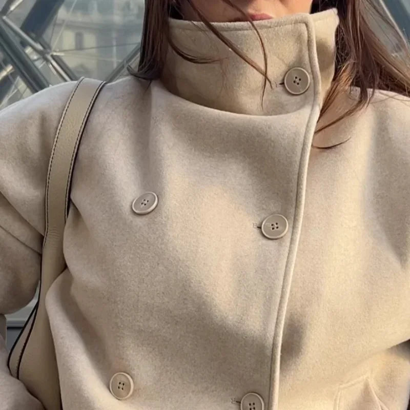 2025 Autumn Woolen Coats Women Casual Double Breasted Stand Collar Female Office Short Jackets Chic Lady Loose Street Outwear