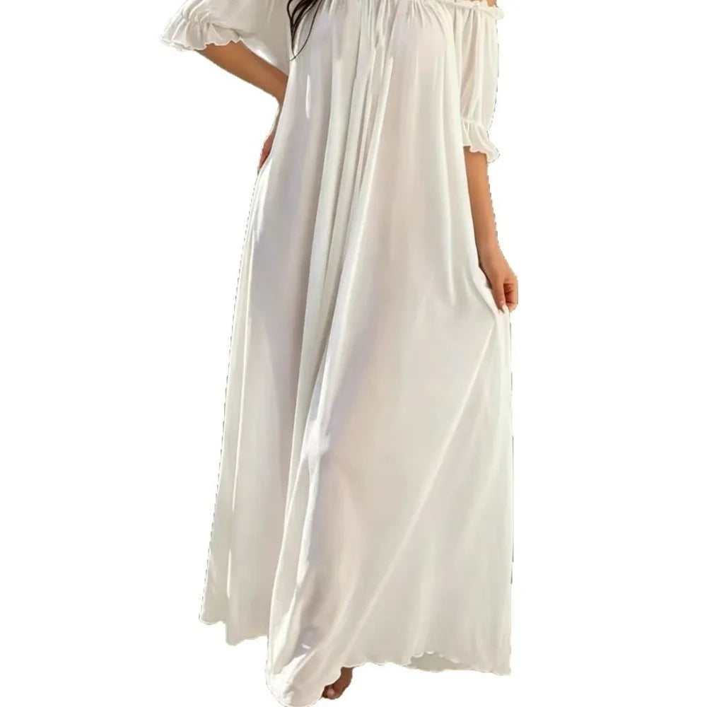 Home Dress Off Shoulder Sheer Nightgown V-neck Ruffle Mesh Nightdress Transparent Short Sleeve Long Sleeping Dress Sleep