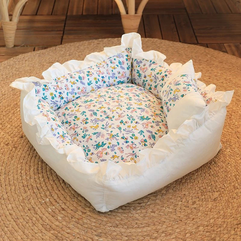Pet Dog Lace Bed Cat Bed Cute Puppy Square Sleeping Cushion Bed Cat Sofa Warming Dog Nest with Pillow Washable Pet Bed S~L
