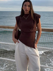 HH Woman's Summer Casual Asymmetrical Tops 3 Color Solid O-Neck Sleeveless Back Zipper Women New Fashion Slim Tops Mujer